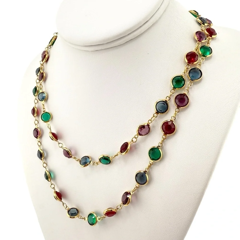 VTG Swarovski Gold Bezel Set Necklace with Red, Green, Blue and Purple Crystals